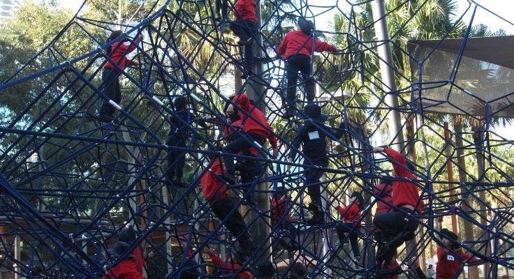 A number of students climbing a tall, outdoor rope maze.